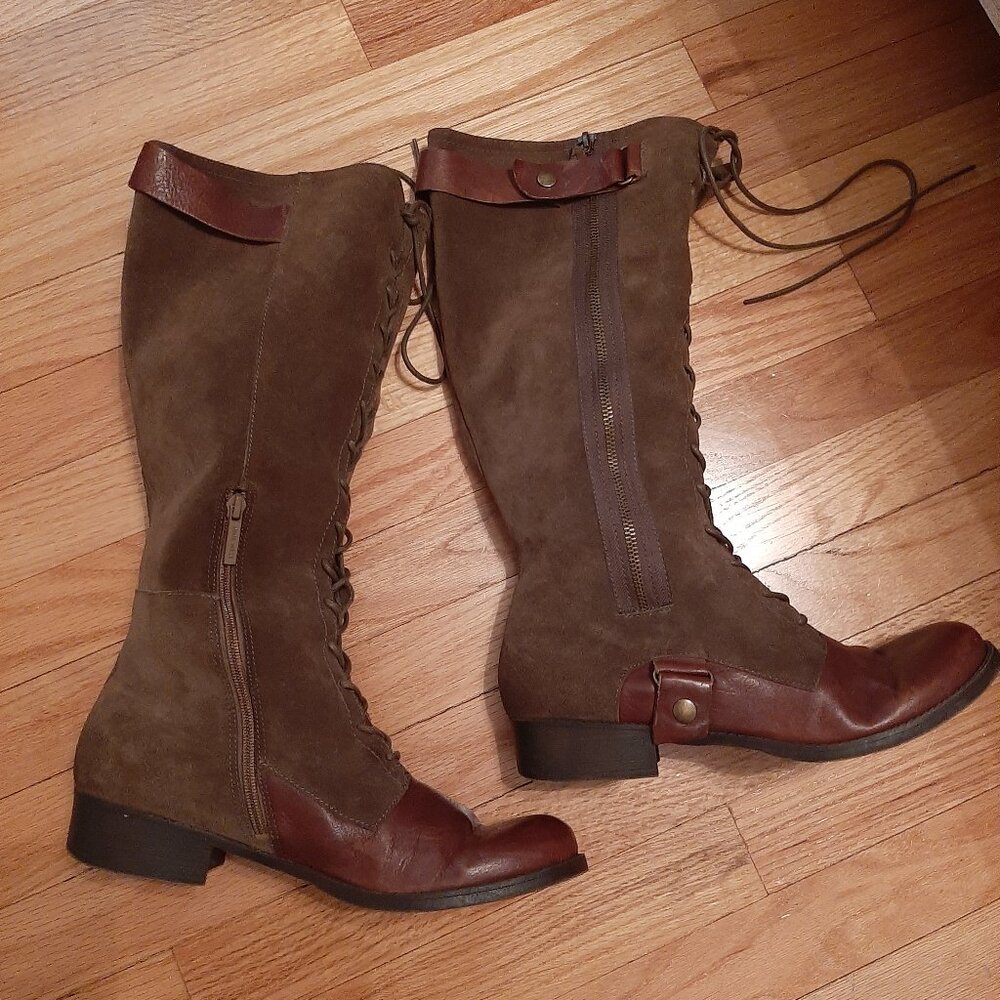American Vintage Women's Leather Lace-Up, Zip-Up Tall Brown Boots Size 10M